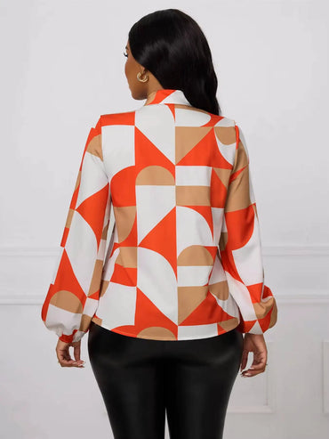 Women's Blouse Spring Summer Orange White Geometric Print Tie Neck Long Sleeve Ruched Cuff Chic Elegant Office Top
