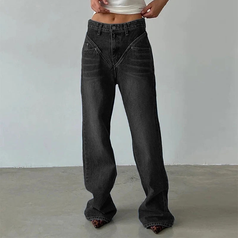 Fashion Spliced High Waist Women Jean Pants Summer High Street Straight Slim Denim Trousers Vintage Loose Female Wide Leg Jeans