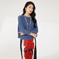 Spring & Summer Women's Casual T-Shirt New Style Pleated Loose Bat Sleeve Solid Color Woven Fabric Elastic Long-Sleeved Top