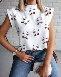 Women's Abstract Face Print Sleeveless Stand Collar Blouse with Button Front for Summer Fashion