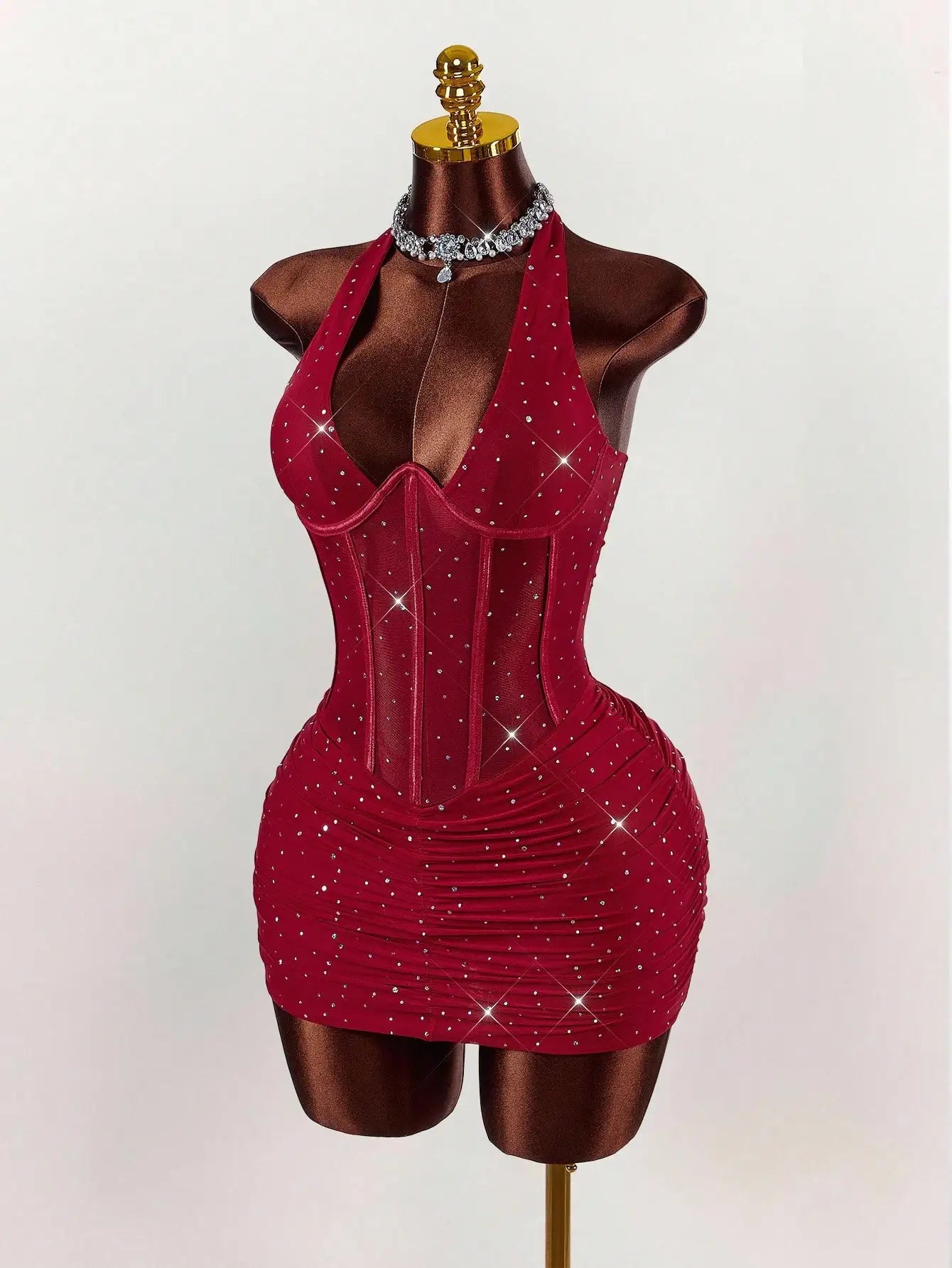 Red Halter Neck Rhinestone Mini Dress with Corset Waist for Party Club Night