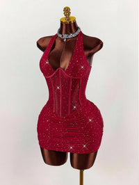 Red Halter Neck Rhinestone Mini Dress with Corset Waist for Party Club Night