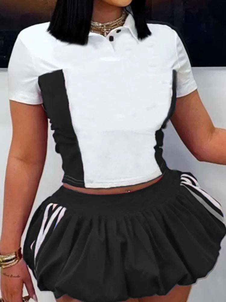 Sexy Lapel Short Sleeve Short Top + Mini Skirt 2-piece Set For Women Fashion Color Block High Street Casual Skirt Suits Female