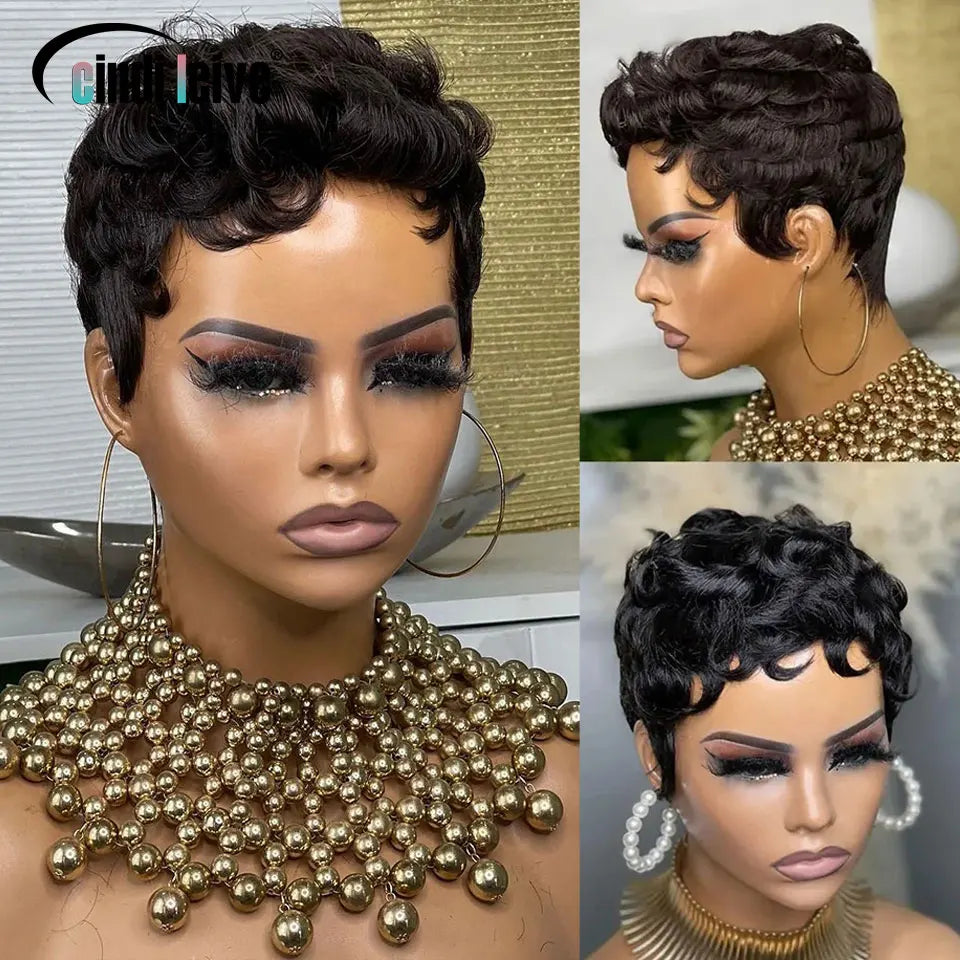 #1B Black Short Curly Pixie Cut Wigs For Women Curly Wig Brazilian Remy Human Hair Short Bob Full Machine Made Wig 150% Density