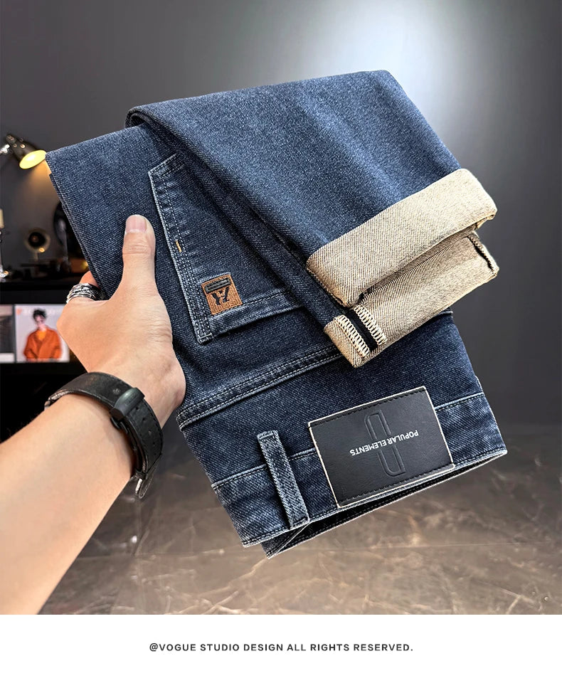 Men's Jeans Casual Long Straight Stretch Denim Pants Autumn Winter Classic Belted Jeans Korean Fashion Blue Black Jean Trousers