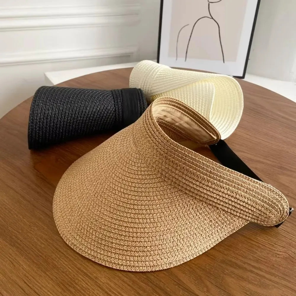 New High Quality UPF50+ Wide Brim Visor Hat for Women Straw Beach Sun Visor Foldable Ponytail with UV Protection Summer Anti-UV
