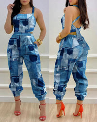 Woman Jumpsuits Elegant 2022 Jumpsuits  Sexy V-neck Sleeveless Printed Jumpsuit New Fashion with Belt Vest Playsuit Streetwear