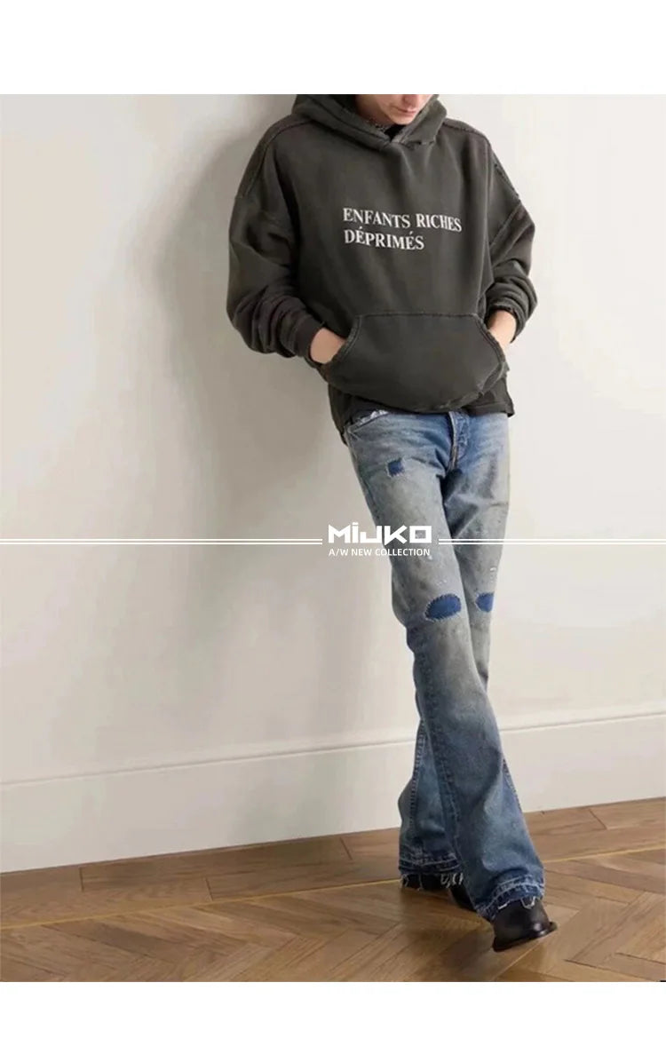 MIJKO Washed Frayed Vintage Jeans Pants Mens Straight Retro Casual Denim Trousers Cargos FJ069