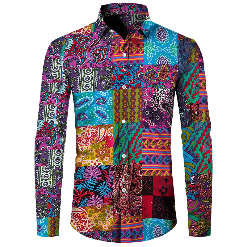 Men's Long Sleeved Button Up Shirt Autumn Comfortable Lapel Shirt Retro Ethnic Style Mens Long Sleeved Trend Street Men Clothing
