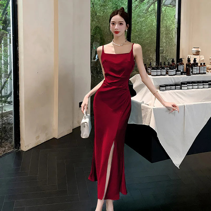 Summer Red Blue Satin Fishtail Sling Dress Women Clothes
