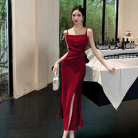 Summer Red Blue Satin Fishtail Sling Dress Women Clothes