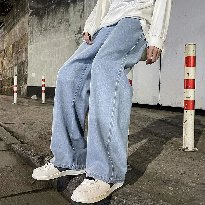 Autumn Korean Fashion Baggy Jeans For Men Classic Drawstring Straight Wide-leg Denim Pants Casual Y2K Vintage Jean Trousers