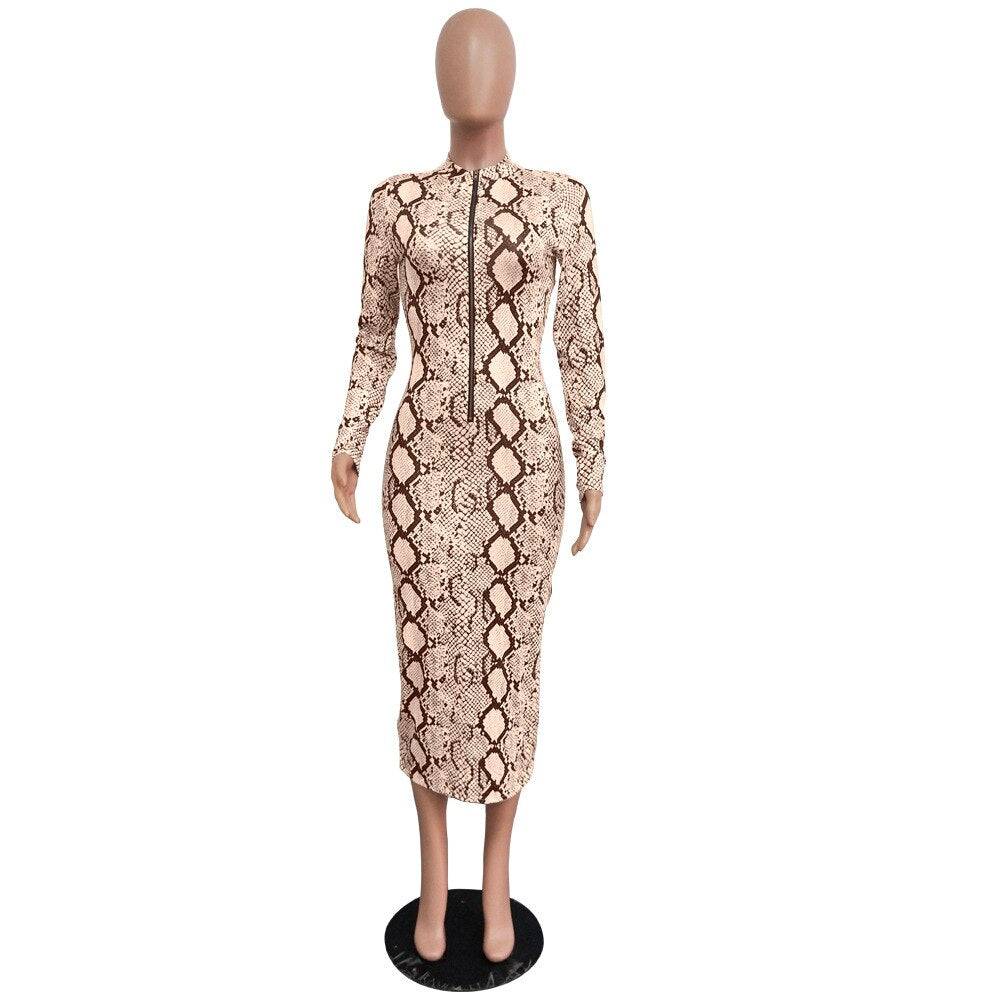 Echoine Sexy Snake Print Bodycon Long Dress Long Sleeve Zipper Women Autumn Evening Party Night Dress Vintage Vestidos Outfits