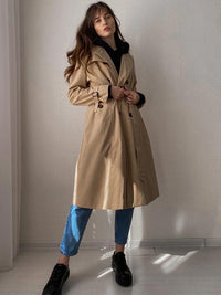 FTLZZ New Autumn Winter Women Vintage Turn-down Collar Double Breasted Long Trench Casual Ladies Slim Trench with Belt