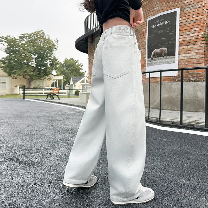 High quality plain color jeans for girls, spring and autumn 2025 new style, medium and large children's pants 4-16year