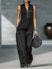 Elegant High Street Linen Cotton Jumpsuit Casual Sleeveless Stand Collar Pockets Loose Party Playsuits Fashion Solid Romper