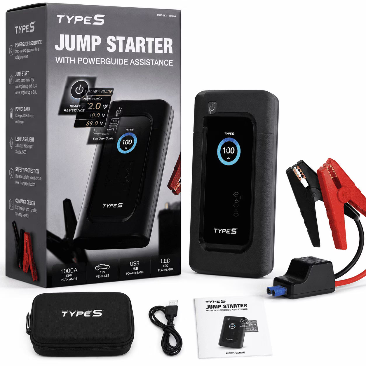 Type S Portable Jump Starter with PowerGuide Assistance, 1000 Peak Amps, USB Power Bank, Black