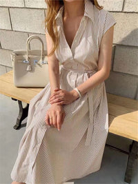 Colorfaith New 2022 Women Striped Reglan Sleeve Shirt Dress Spring Summer Korean Fashion Lace Up Elegant Long Dresses DR1970