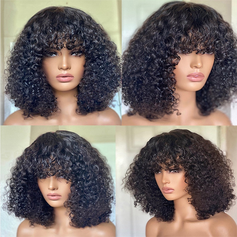 Short Curly Pixie Cut Bob Human Hair Wig With Bangs Full Machine Wigs For Black Women Remy PrePlucked With Baby Hair jerry Curl