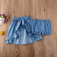 3Pcs Summer Girl Baby Kids Clothes Off-shoulder Ruffles T-shirt Top Shorts Princess Belt Skirt Party Outfits Hot Sale 1-5T
