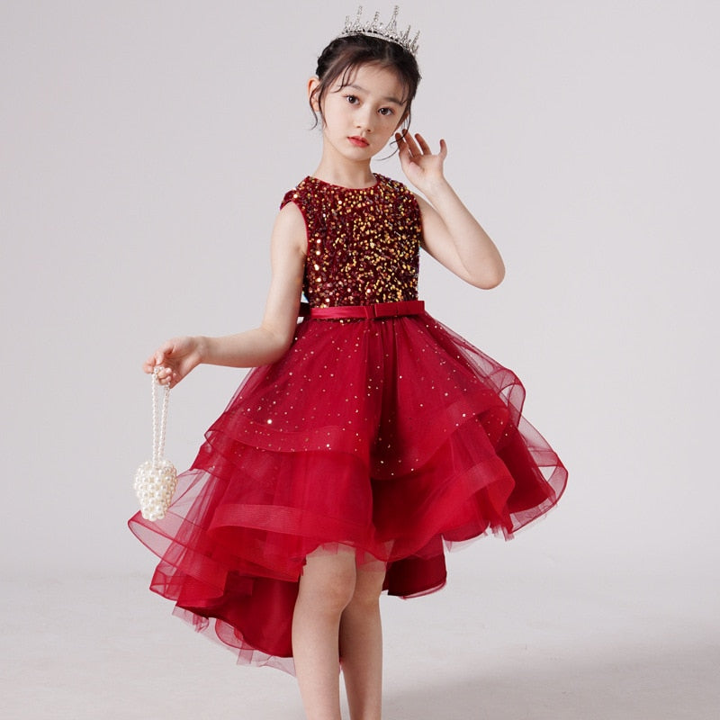 Formal Bridesmaid Long Sleeve Red Trailing Party Dress For Girls Princess Birthday Sequin Prom Gown Children Evening Kids Clothe