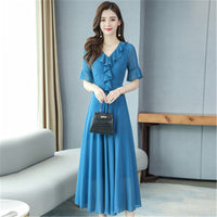 Chiffon dress 2020 Korean summer new fashion V-neck flared sleeves Slim was thin temperament big swing dress