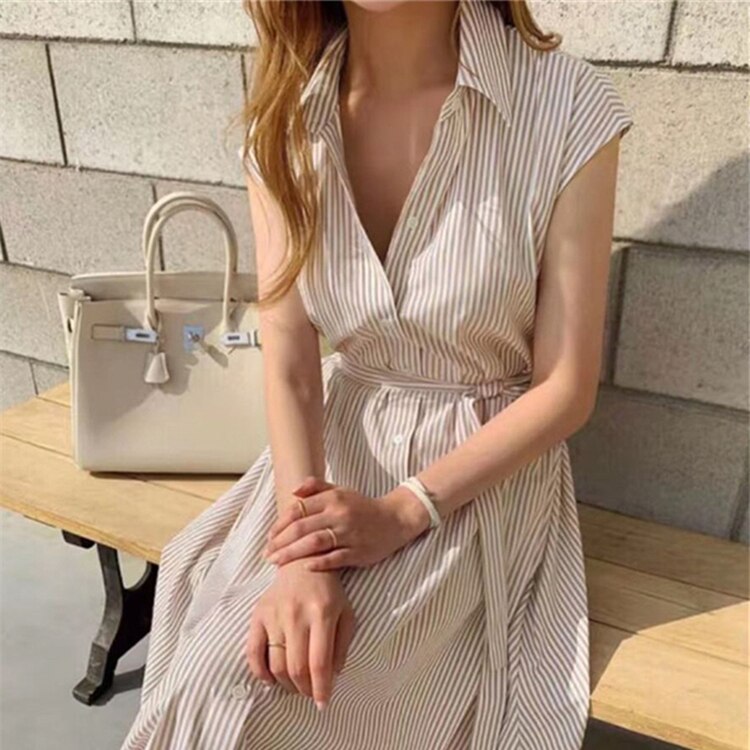 Colorfaith New 2022 Women Striped Reglan Sleeve Shirt Dress Spring Summer Korean Fashion Lace Up Elegant Long Dresses DR1970