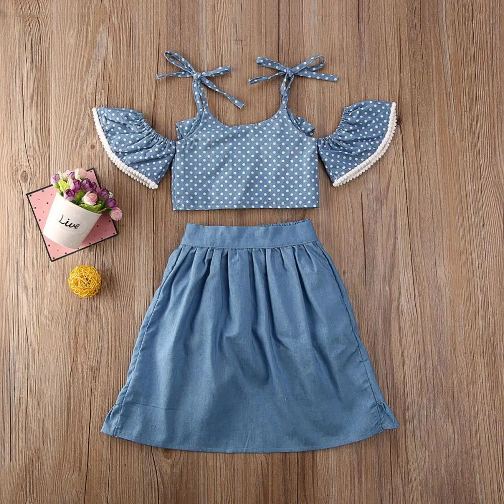 3Pcs Summer Girl Baby Kids Clothes Off-shoulder Ruffles T-shirt Top Shorts Princess Belt Skirt Party Outfits Hot Sale 1-5T