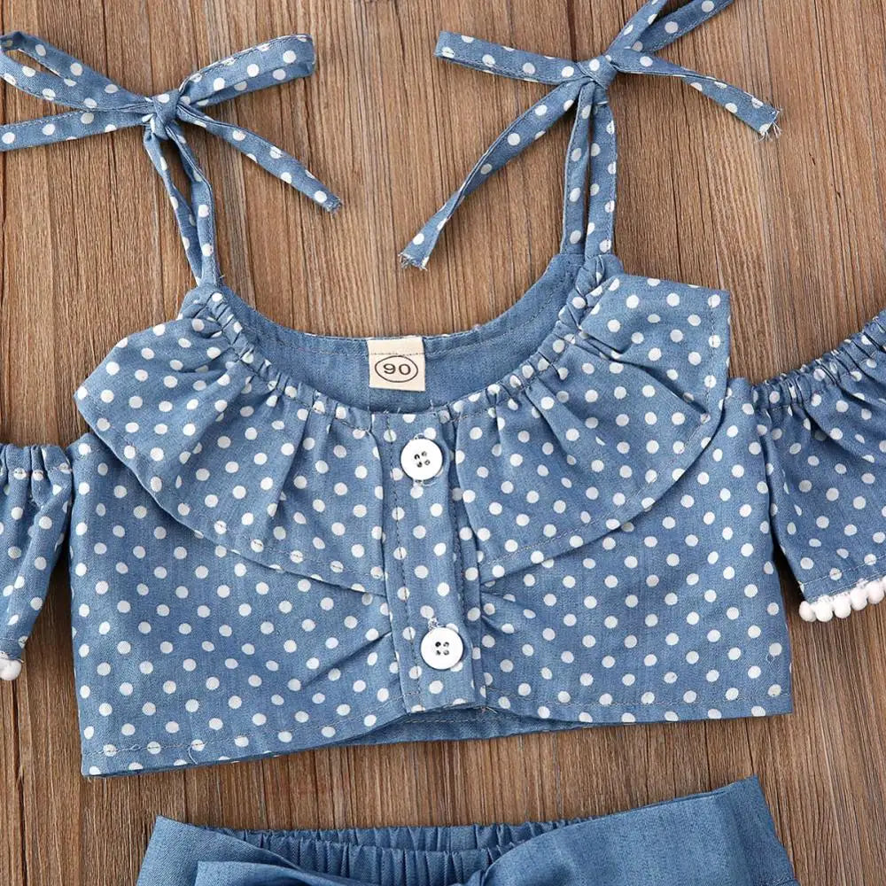 3Pcs Summer Girl Baby Kids Clothes Off-shoulder Ruffles T-shirt Top Shorts Princess Belt Skirt Party Outfits Hot Sale 1-5T