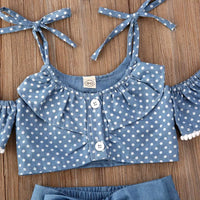 3Pcs Summer Girl Baby Kids Clothes Off-shoulder Ruffles T-shirt Top Shorts Princess Belt Skirt Party Outfits Hot Sale 1-5T