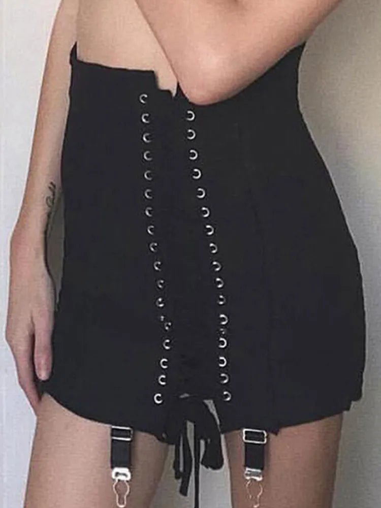 InsDoit Gothic Y2K Vintage Mini Skirt Women Punk Patchwork Summer High Waist Skirt Bodycon Eyelet Lace Up Aesthetic Sexy Skirts