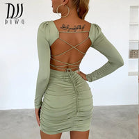 DIWU Long Sleeve Sexy White Bodycon Bouncy Dress Women Square Neck Ruched Backless Straps Elegant Mini Dresses