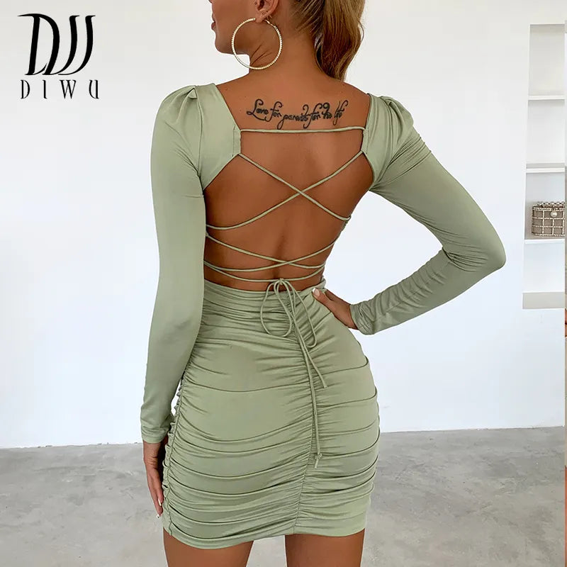 DIWU Long Sleeve Sexy White Bodycon Bouncy Dress Women Square Neck Ruc –  Mega Mart Center
