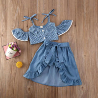 3Pcs Summer Girl Baby Kids Clothes Off-shoulder Ruffles T-shirt Top Shorts Princess Belt Skirt Party Outfits Hot Sale 1-5T