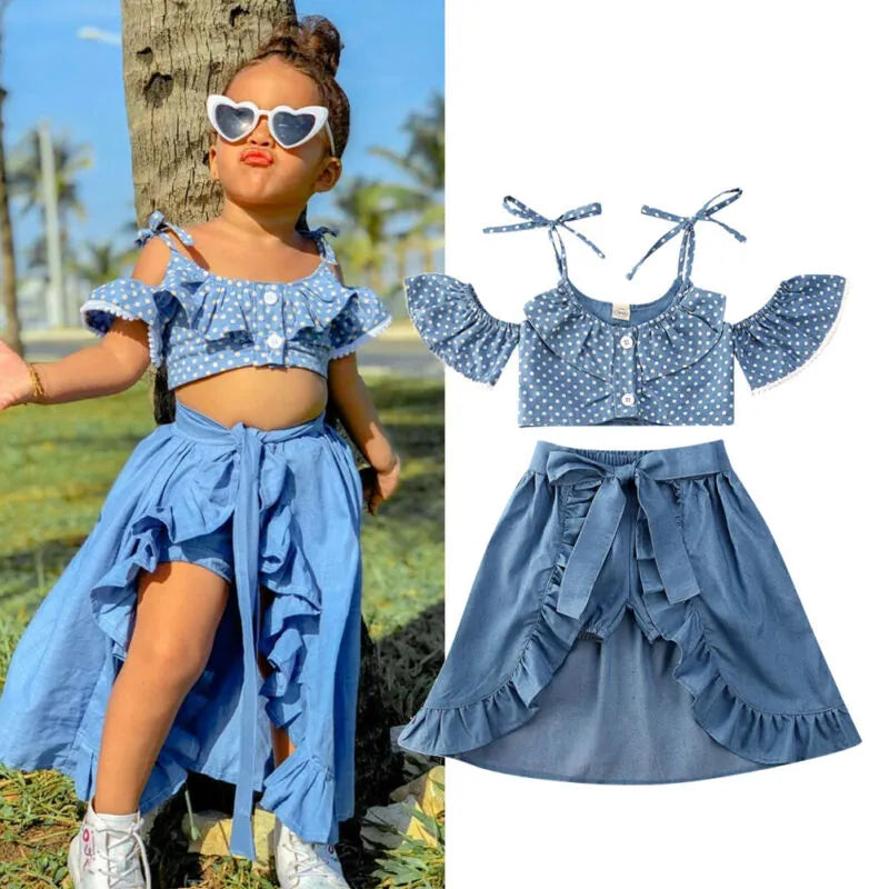 3Pcs Summer Girl Baby Kids Clothes Off-shoulder Ruffles T-shirt Top Shorts Princess Belt Skirt Party Outfits Hot Sale 1-5T