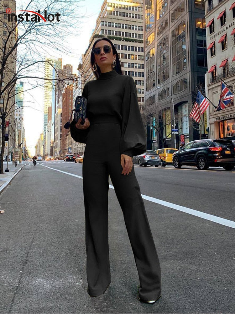 InstaHot Puff Elegant Overalls For Women  Puff Long Sleeve Flare Pants Spring Office Ladies Sets Casual Fashion Female Jumpsuits