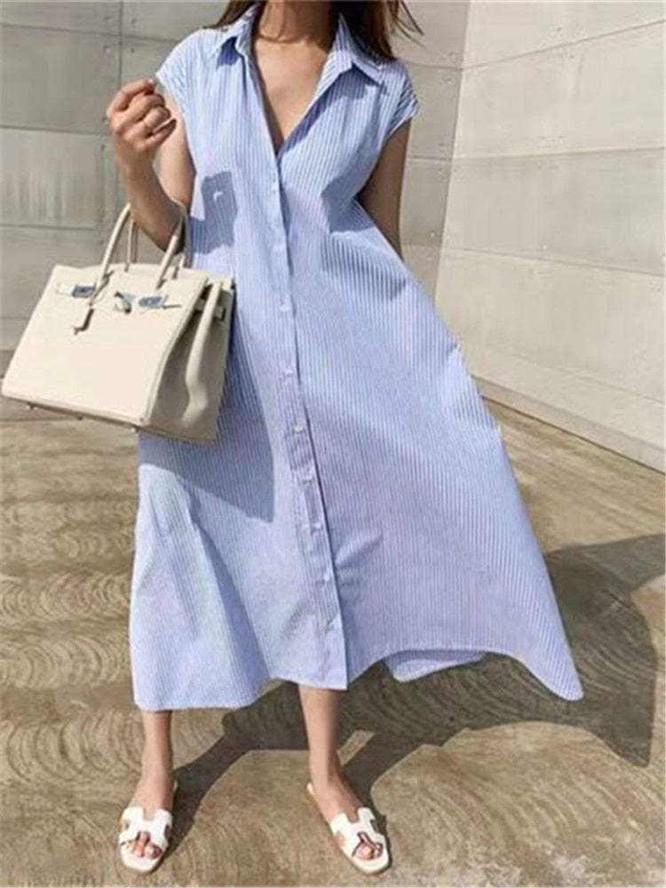 Colorfaith New 2022 Women Striped Reglan Sleeve Shirt Dress Spring Summer Korean Fashion Lace Up Elegant Long Dresses DR1970