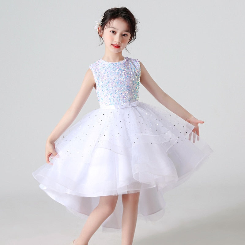 Formal Bridesmaid Long Sleeve Red Trailing Party Dress For Girls Princess Birthday Sequin Prom Gown Children Evening Kids Clothe