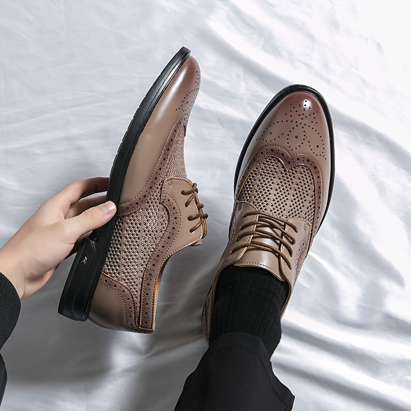 Men's Solid Color Vintage Wingtip Brogue Toe Derby Shoes, Comfy Non Slip Durable Rubber Sole Lace Up Dress Shoes, Men's Footwear