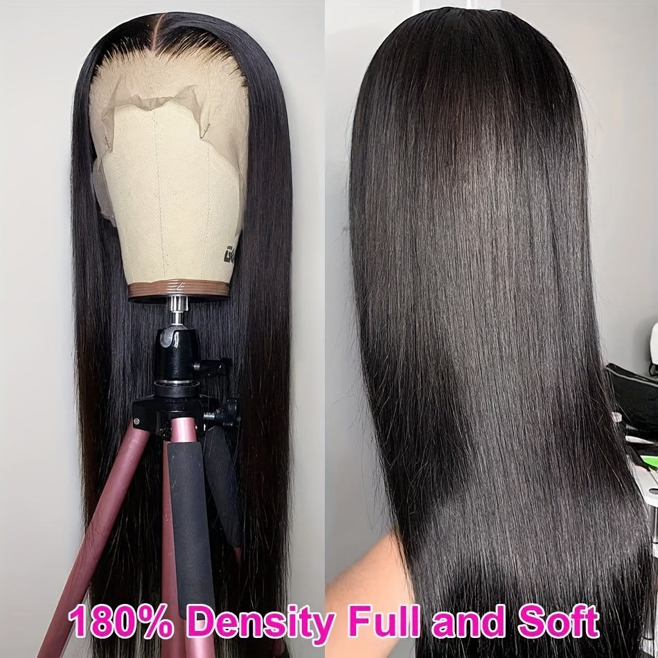 13x6 HD Transparent Lace Front Wig for Women - 180% Density, Pre-Plucked Straight Human Hair, Glueless Design, Natural Black Color, Versatile Styling Options for Ponytails and Braids