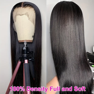 13x6 HD Transparent Lace Front Wig for Women - 180% Density, Pre-Plucked Straight Human Hair, Glueless Design, Natural Black Color, Versatile Styling Options for Ponytails and Braids