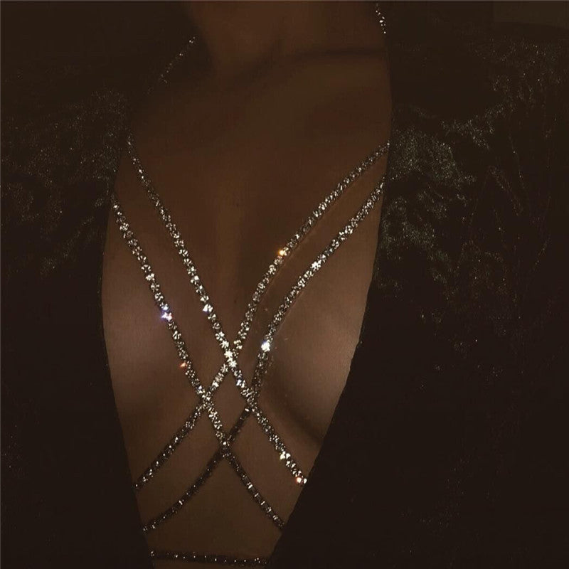 [Luxury Chest Chain Jewelry Shiny] Luxury Cross Chest Chain Shiny Rhinestones Body Chain Jewelry