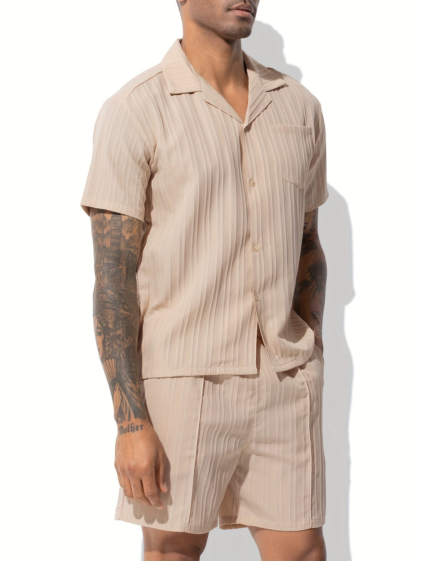 Men's Casual Shirt Set, Men's Casual Striped Shirt and Drawstring Striped Shorts Set, Men's Suit Collar Shirt Suit. Men's Summer Vacation, Everyday Wear Shirt Suit
