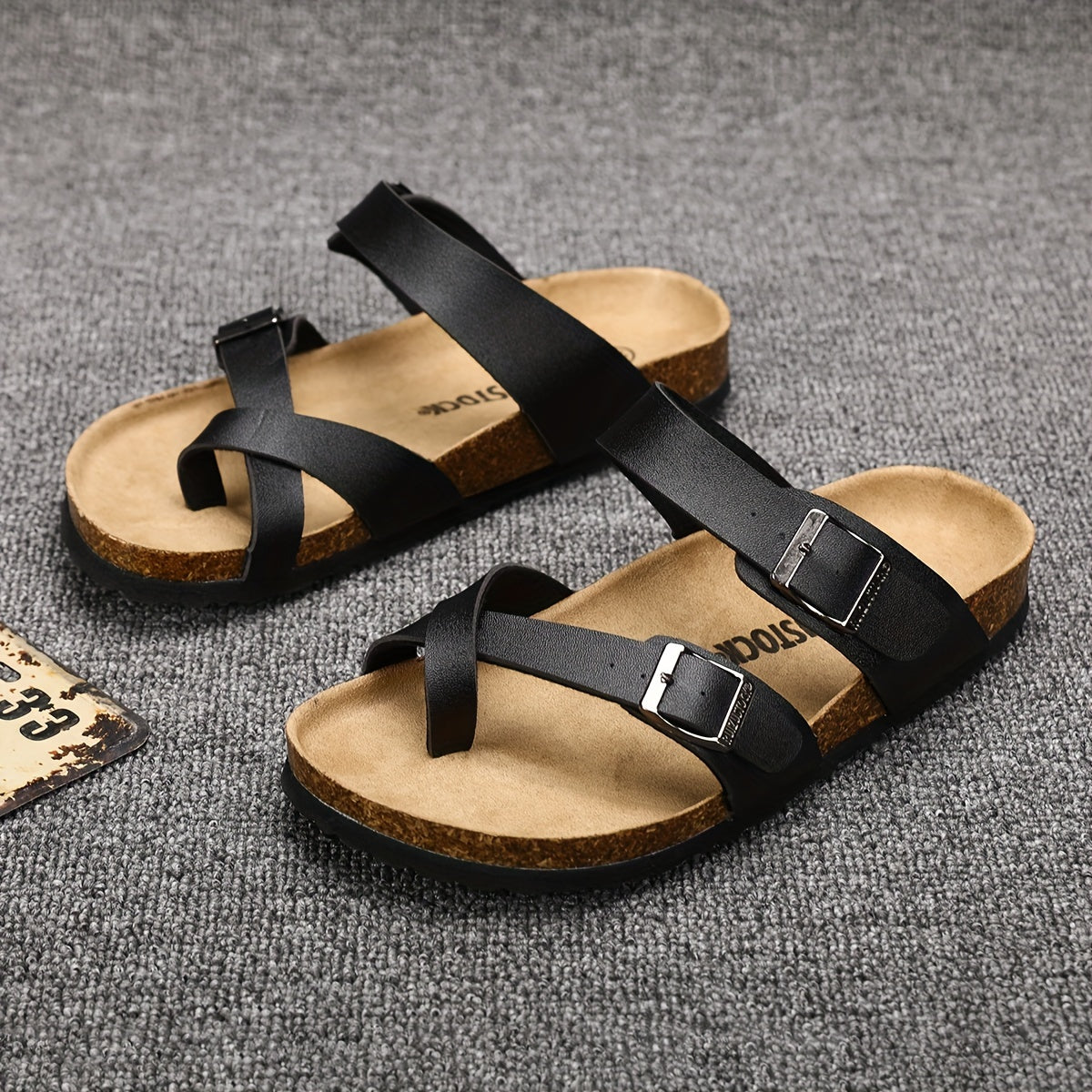 Men's Sandals, Arch Support Slide With Adjustable Buckle Strap And Cork Insole