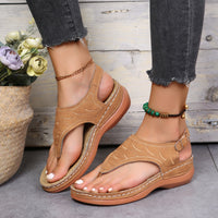 Womens Retro Charm Wedge Sandals - Comfort Thong, Adjustable Buckle, Open Toe Slingback - Casual Solid Color Style