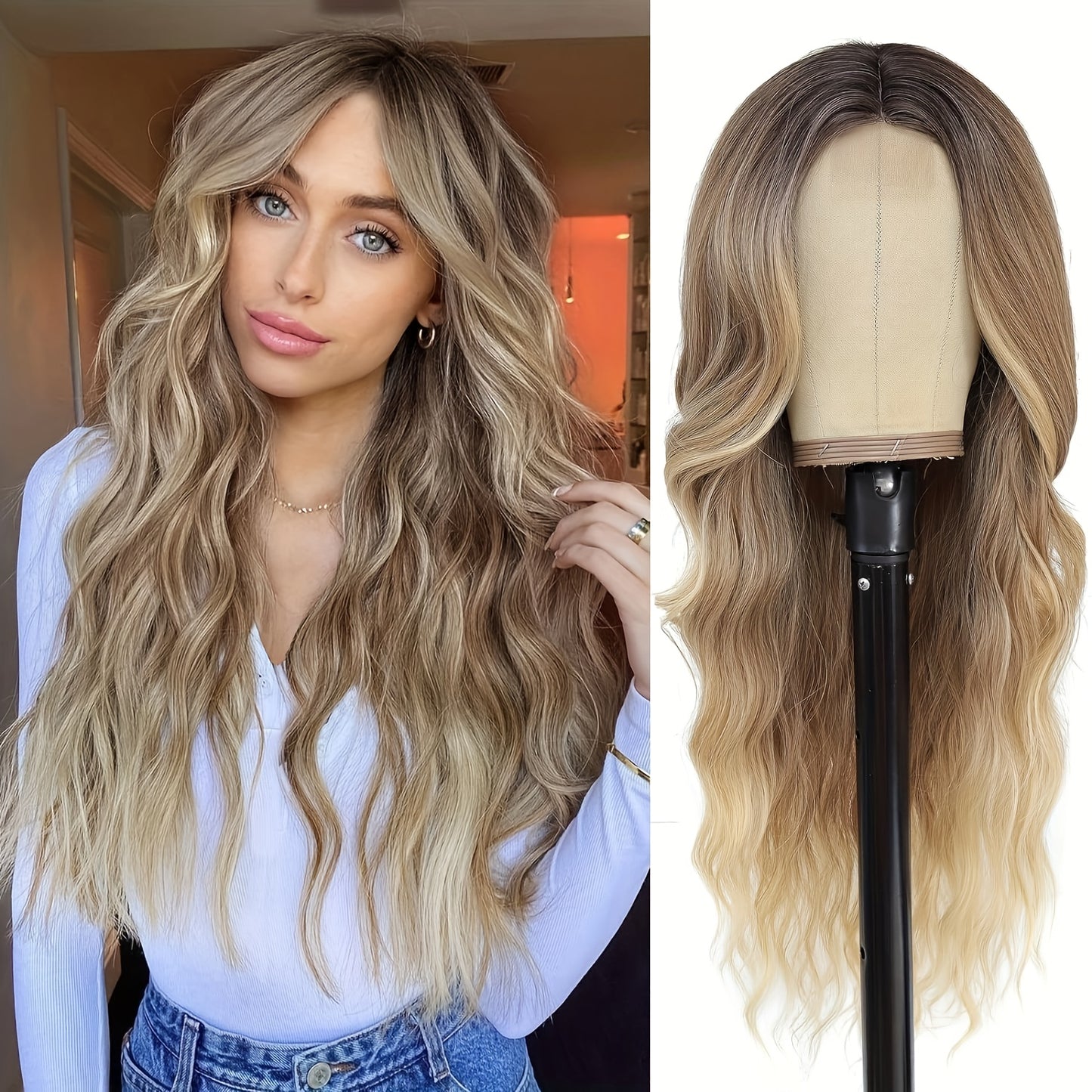 4*1 U-Part Lace Front Long Wigs For Women Middle Part Wavy Curly Wig With Dark Roots Synthetic Heat Resistant Fiber Wig For Daily Party Use (Brown With Blonde)