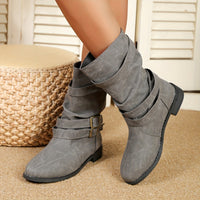 Mid Calf Ruched Buckle Solid Color Retro Western Short Boots For Women Cowboy Boots