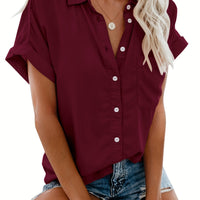 Women'S Short Sleeve V-Neck Button-Up Shirt with Pockets - Light Gray, Casual Summer Top, Perfect for Vacation or Casual Attire, Vacation Clothing | Buttonup Shirt | Glossy Texture
