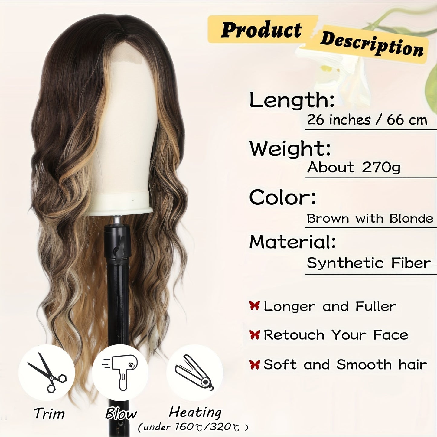 4*1 U-Part Lace Front Long Wigs For Women Middle Part Wavy Curly Wig With Dark Roots Synthetic Heat Resistant Fiber Wig For Daily Party Use (Brown With Blonde)