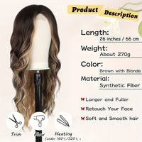 4*1 U-Part Lace Front Long Wigs For Women Middle Part Wavy Curly Wig With Dark Roots Synthetic Heat Resistant Fiber Wig For Daily Party Use (Brown With Blonde)
